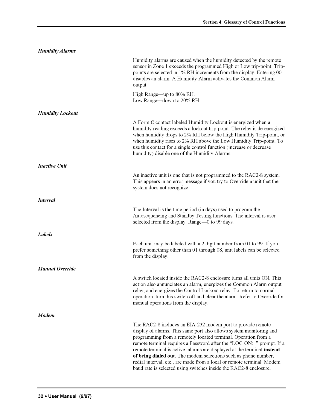 Liebert RAC2-8 manual Humidity Alarms, Humidity Lockout, Inactive Unit, Interval, Labels, Manual Override, Modem 