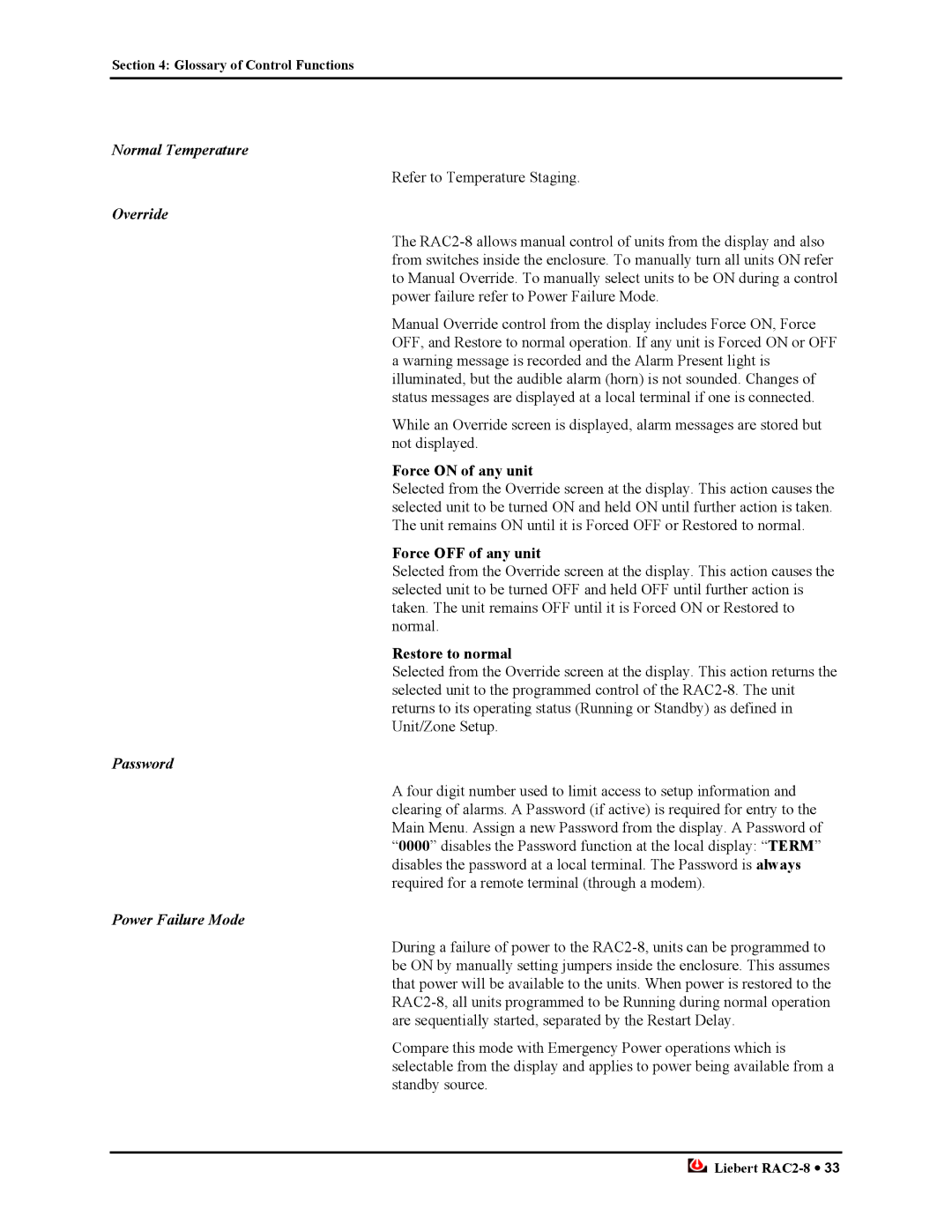 Liebert RAC2-8 manual Normal Temperature, Override, Password, Power Failure Mode 