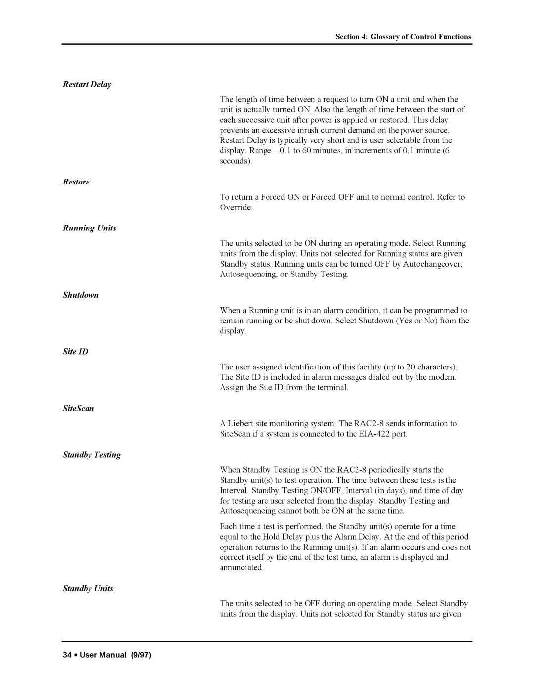 Liebert RAC2-8 manual Restart Delay, Restore, Running Units, Shutdown, Site ID, SiteScan, Standby Testing, Standby Units 