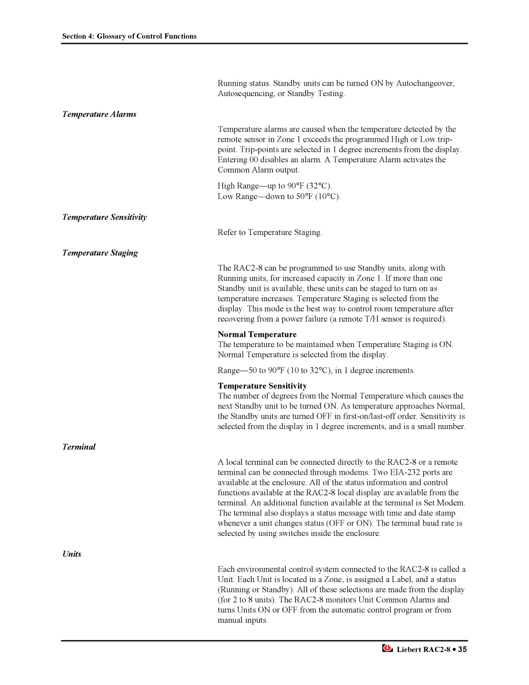 Liebert RAC2-8 manual Temperature Alarms, Temperature Sensitivity, Temperature Staging, Terminal, Units 