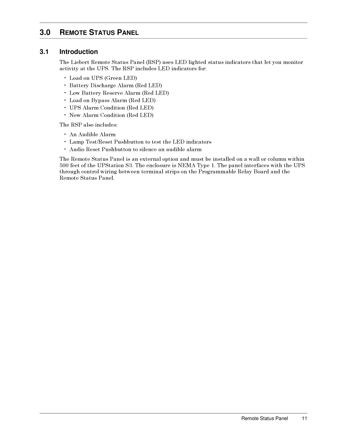 Liebert S3 Options user manual Remote Status Panel 