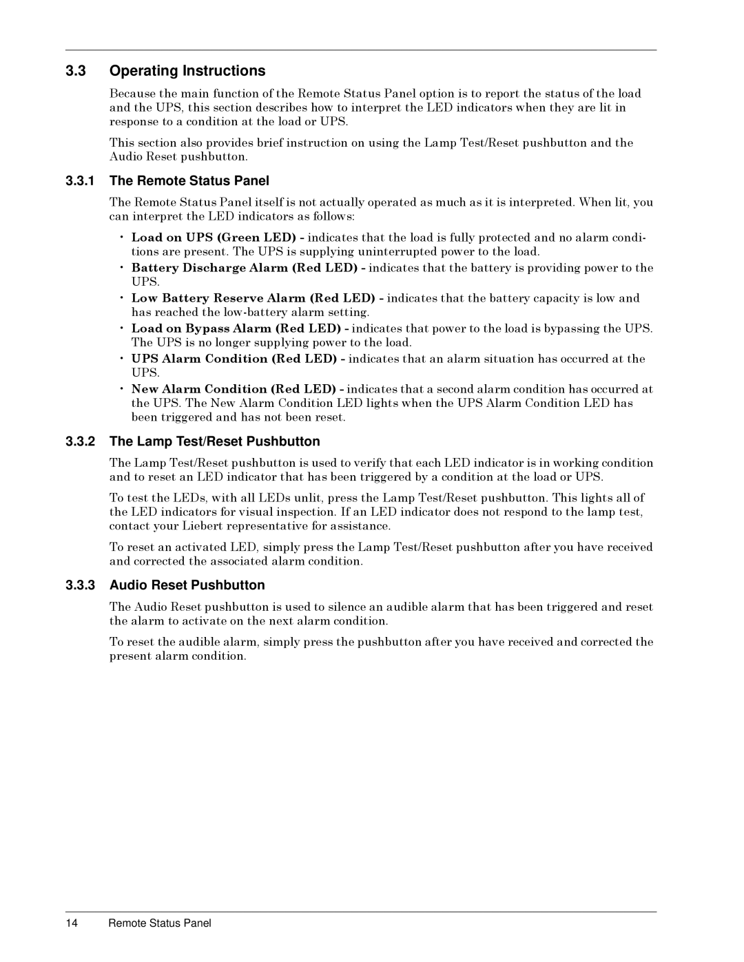 Liebert S3 Options Operating Instructions, Remote Status Panel, Lamp Test/Reset Pushbutton, Audio Reset Pushbutton 
