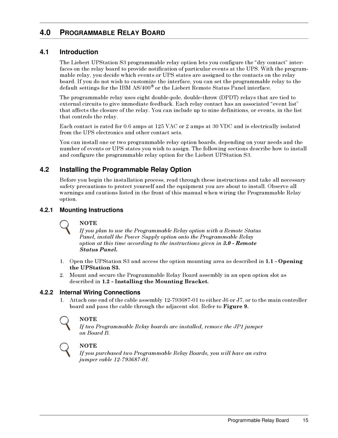 Liebert S3 Options user manual Installing the Programmable Relay Option, Mounting Instructions, Internal Wiring Connections 