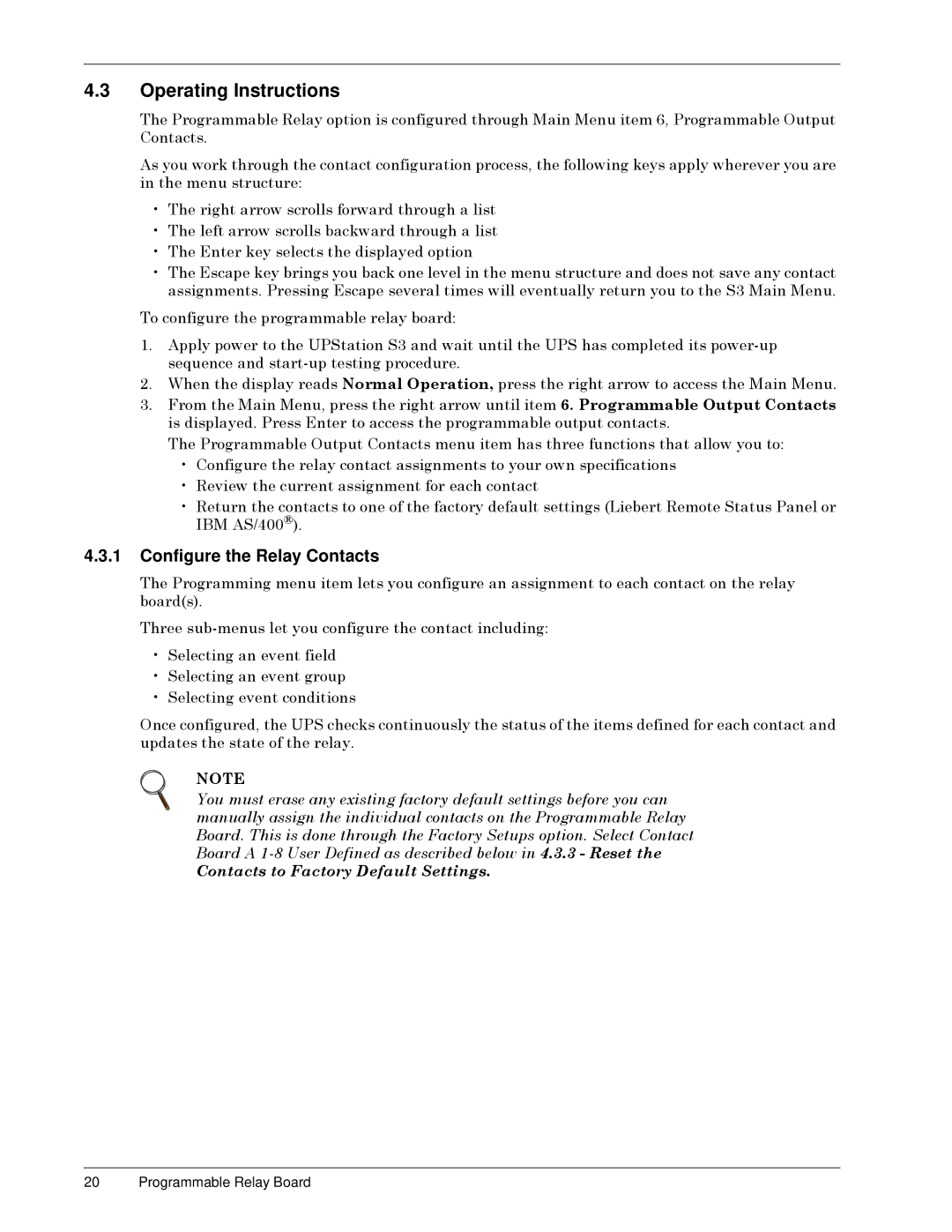 Liebert S3 Options user manual Configure the Relay Contacts, RQWDFWVï, 7RýFRQILJXUHýWKHýSURJUDPPDEOHýUHOD\ýERDUGã 