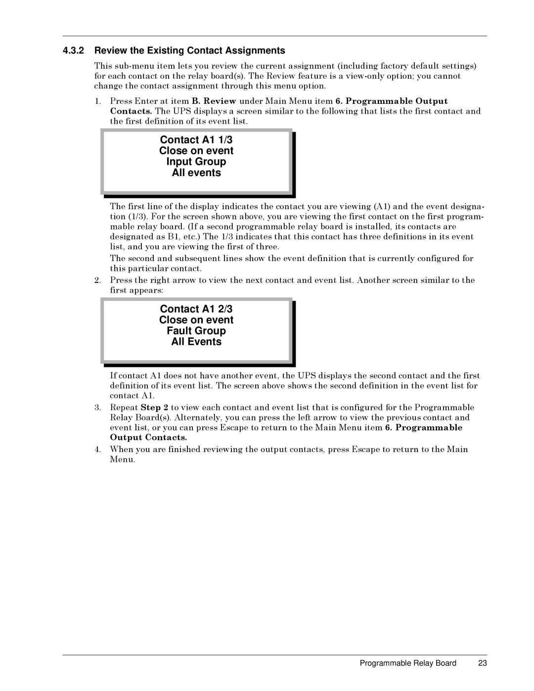 Liebert S3 Options Contact A1 1/3, Input Group, Contact A1 2/3, Fault Group, Review the Existing Contact Assignments 