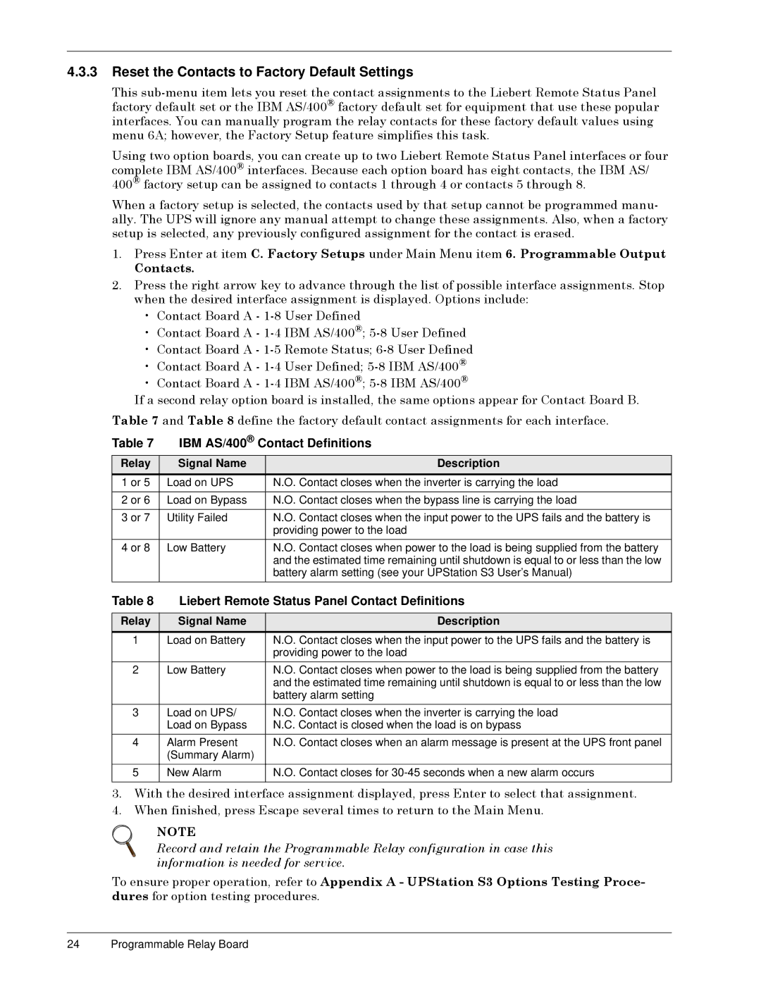 Liebert S3 Options user manual Reset the Contacts to Factory Default Settings, IBM AS/400 Contact Definitions 