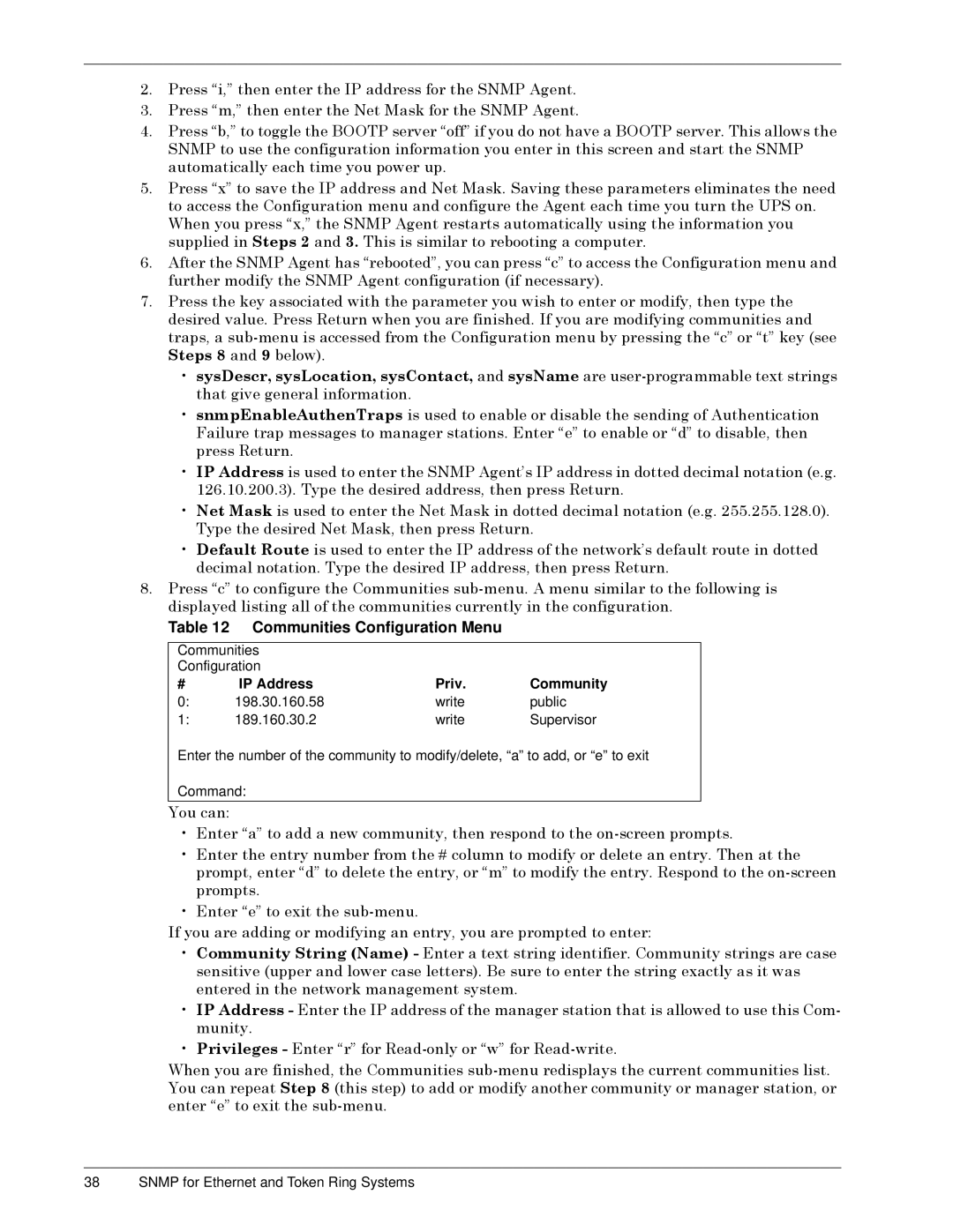 Liebert S3 Options user manual Communities Configuration Menu, IP Address Priv Community 