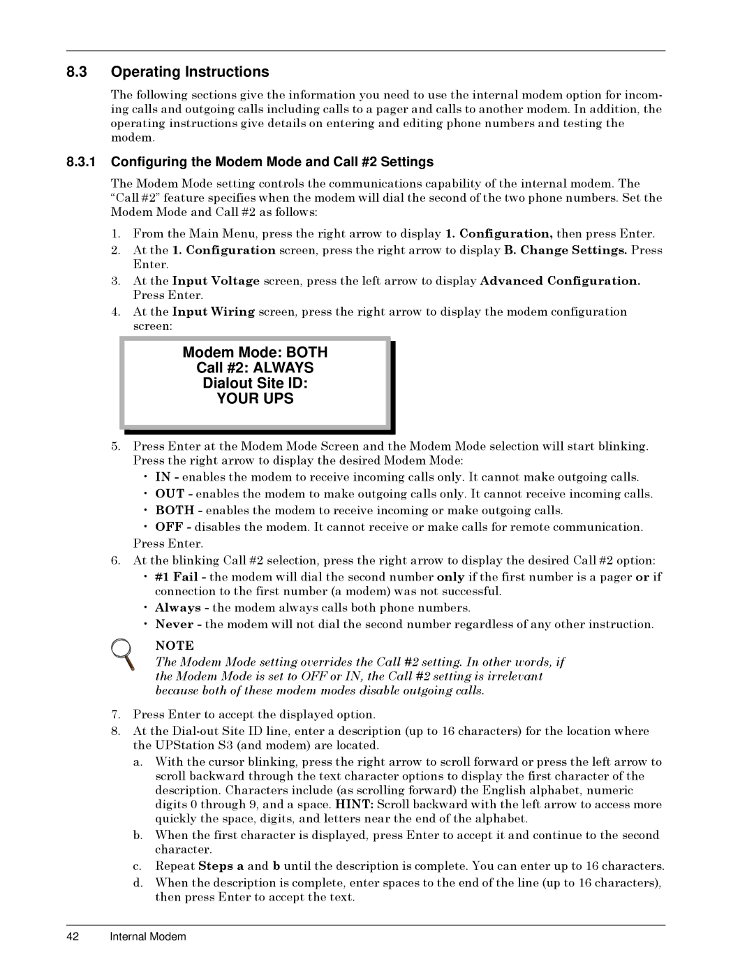 Liebert S3 Options Modem Mode Both, Dialout Site ID, Configuring the Modem Mode and Call #2 Settings, Call #2 Always 