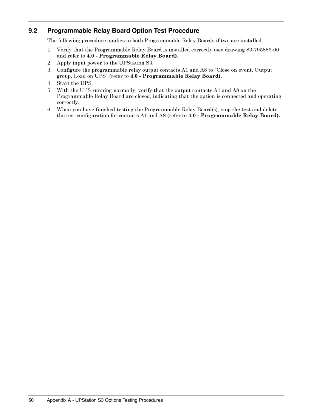 Liebert S3 Options user manual Programmable Relay Board Option Test Procedure, Ëï $SSO\ýLQSXWýSRZHUýWRýWKHý836WDWLRQý6êï 