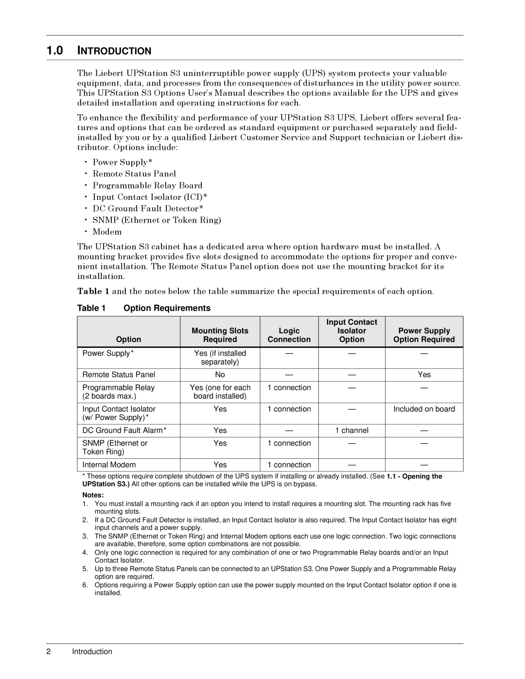 Liebert S3 Options user manual GHWDLOHGýLQVWDOODWLRQýDQGýRSHUDWLQJýLQVWUXFWLRQVýIRUýHDFKïý, Option Requirements 