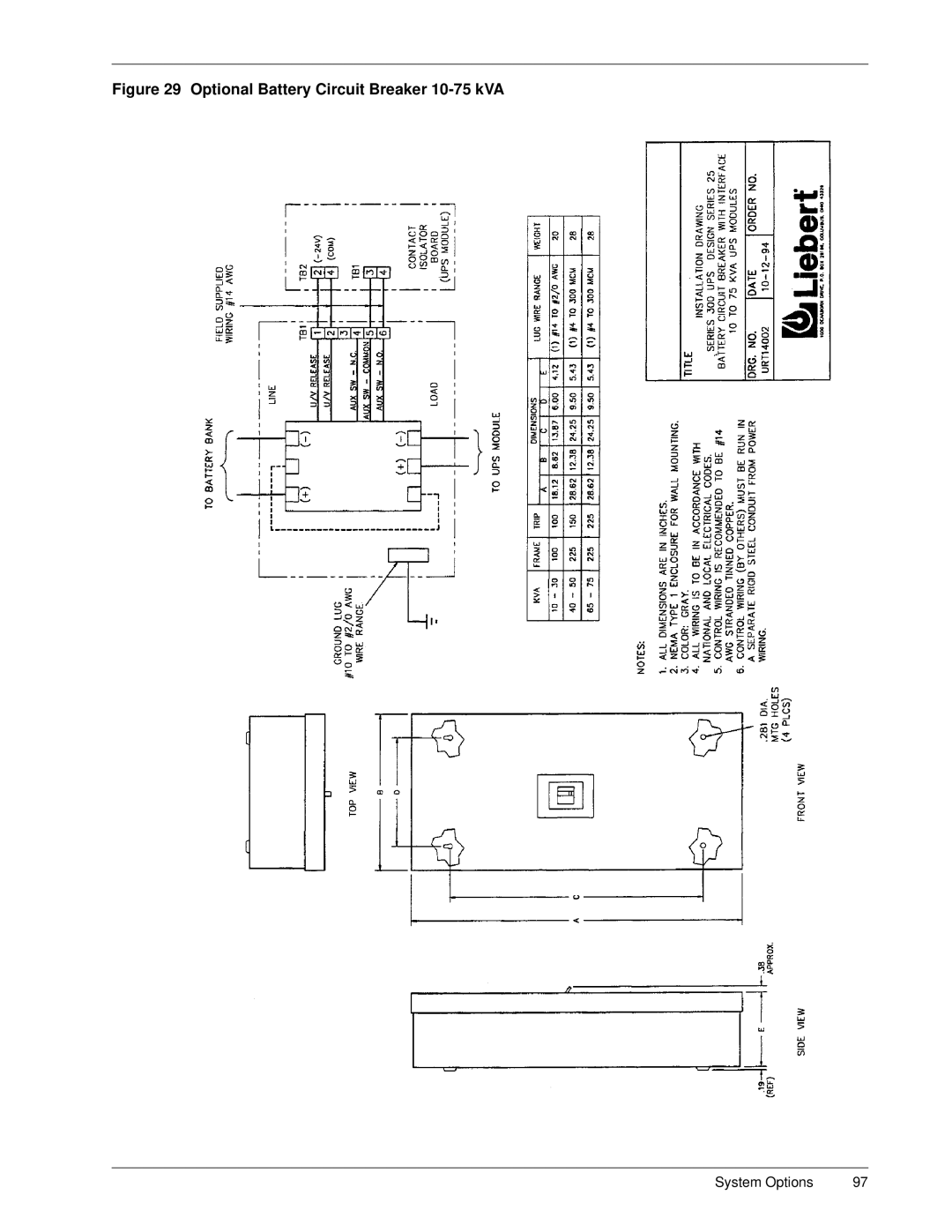 Liebert SERIES 300 UPS manual Optional Battery Circuit Breaker 10-75 kVA 