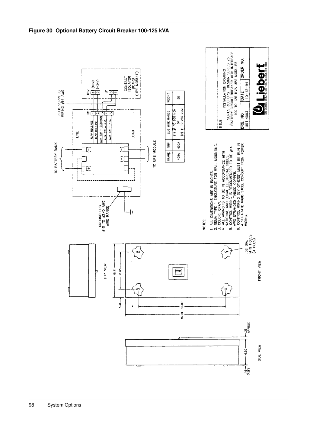 Liebert SERIES 300 UPS manual Optional Battery Circuit Breaker 100-125 kVA 