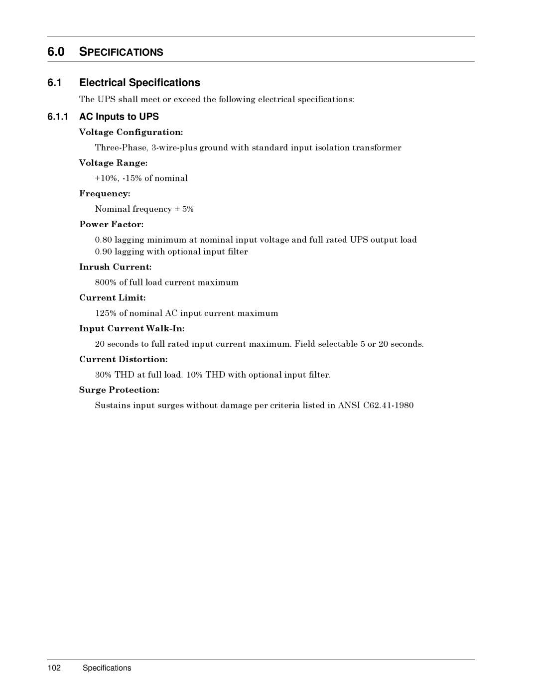 Liebert SERIES 300 UPS manual Electrical Specifications, AC Inputs to UPS 