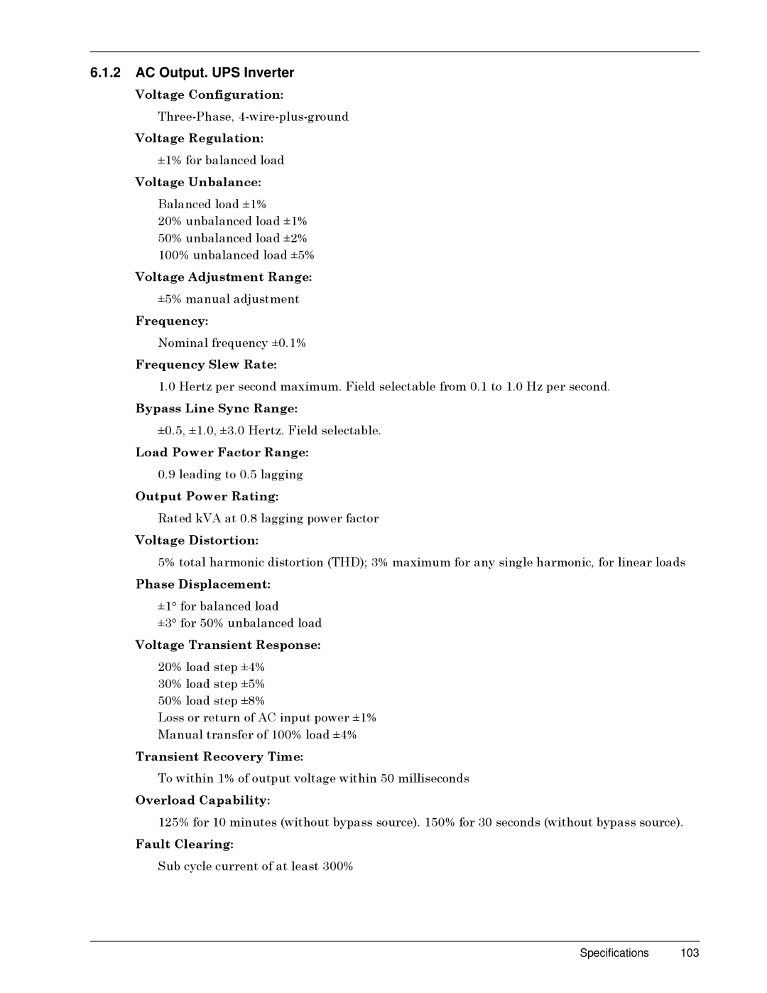 Liebert SERIES 300 UPS manual AC Output. UPS Inverter, DXOWý&OHDULQJãý 6XEýF\FOHýFXUUHQWýRIýDWýOHDVWýêííø 