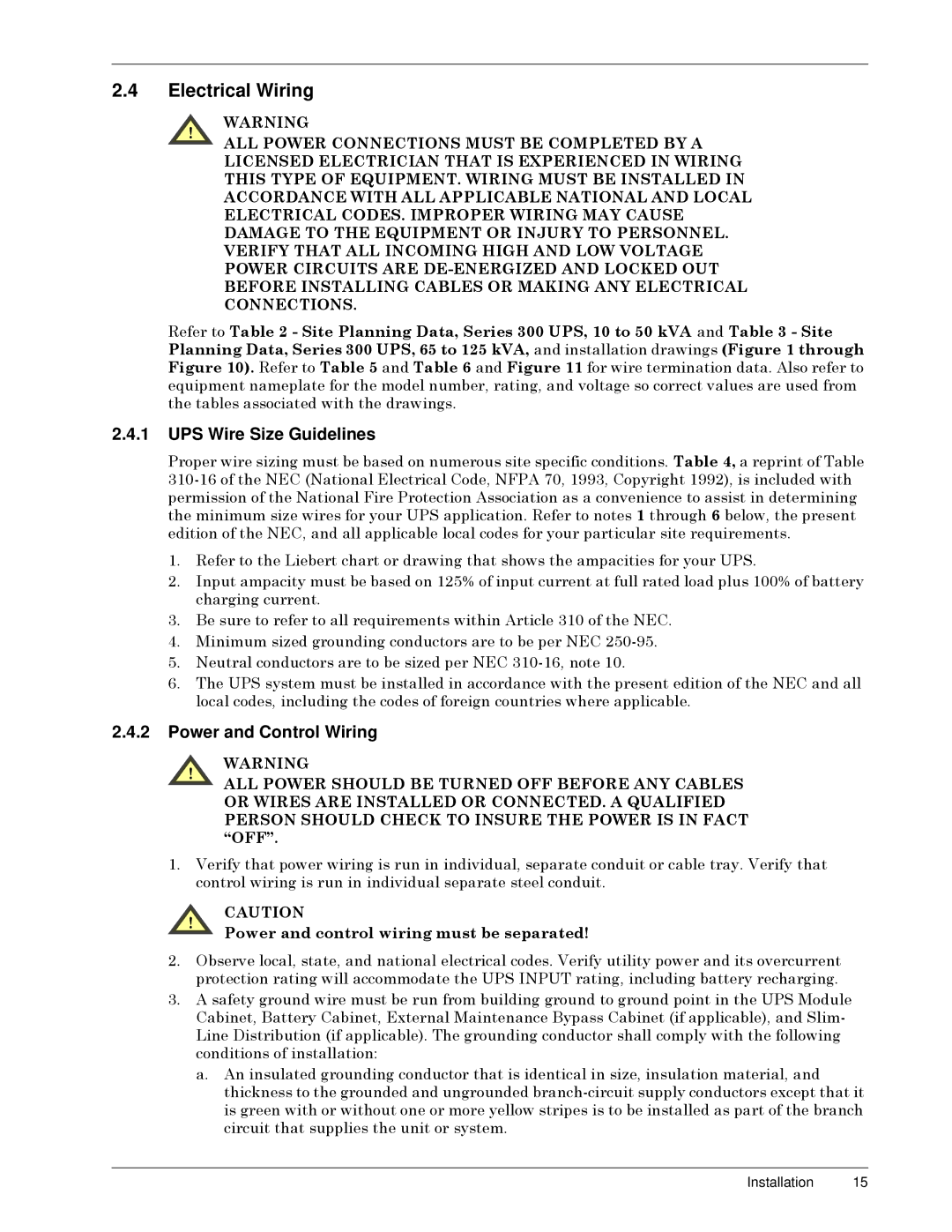 Liebert SERIES 300 UPS manual Electrical Wiring, UPS Wire Size Guidelines, Power and Control Wiring 