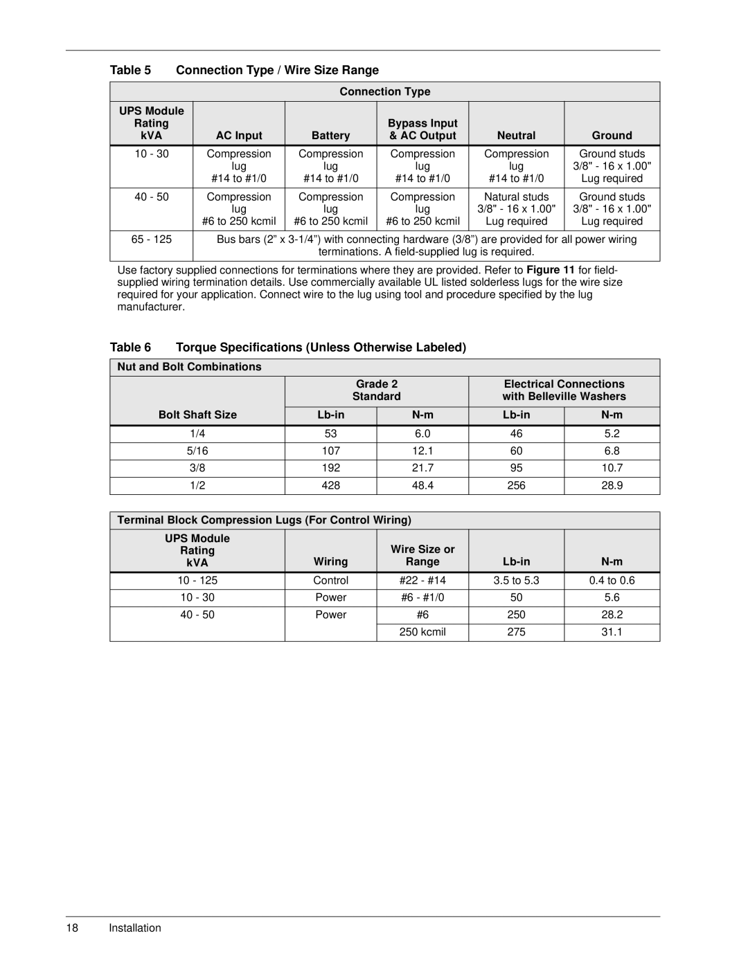 Liebert SERIES 300 UPS manual Connection Type / Wire Size Range 