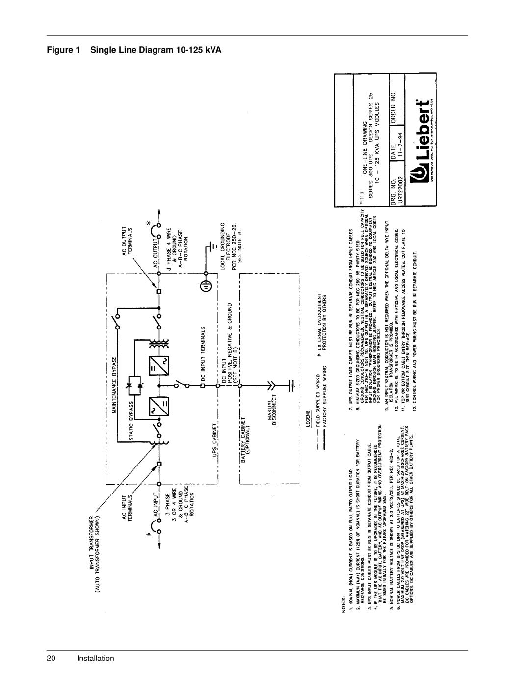 Liebert SERIES 300 UPS manual Single Line Diagram 10-125 kVA 