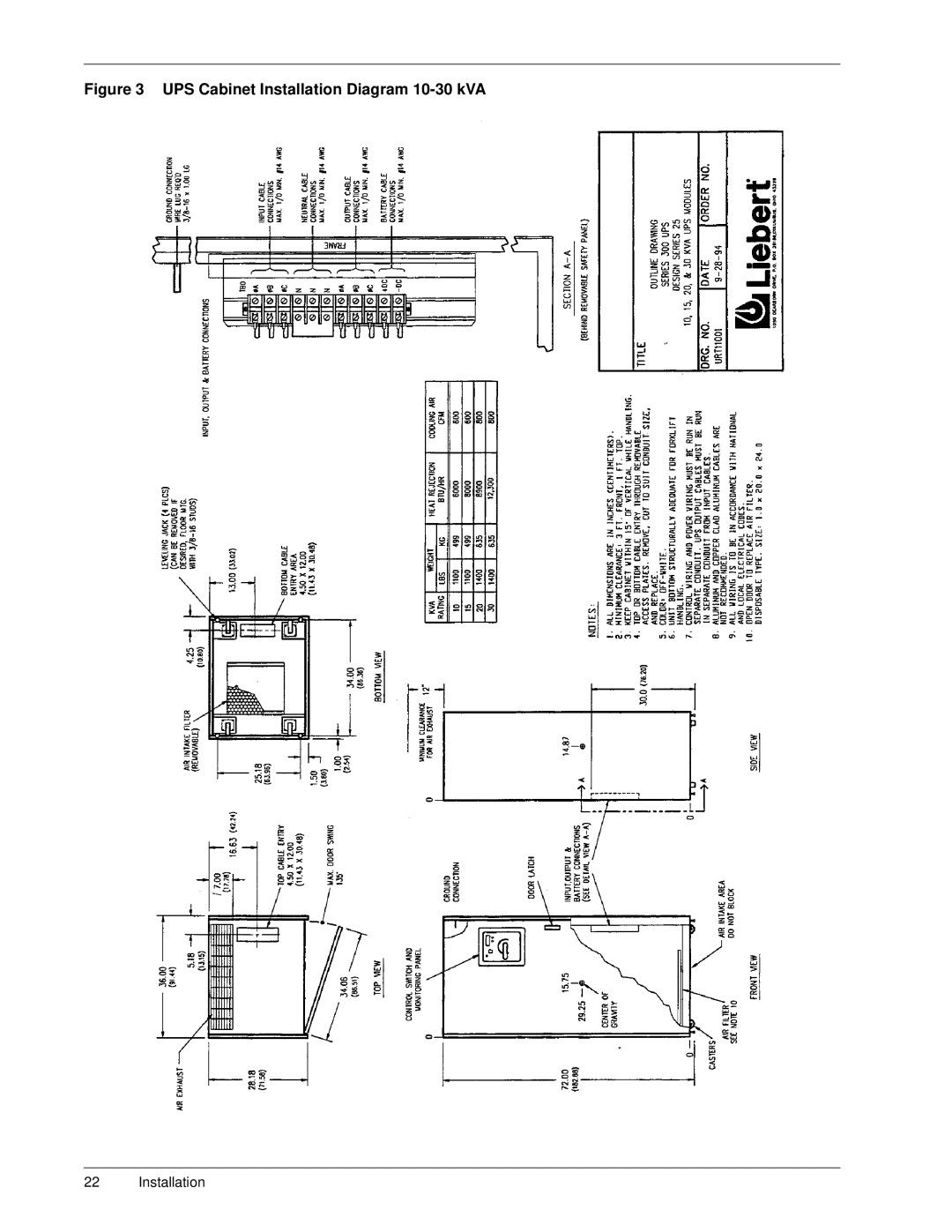 Liebert SERIES 300 UPS manual UPS Cabinet Installation Diagram 10-30 kVA 