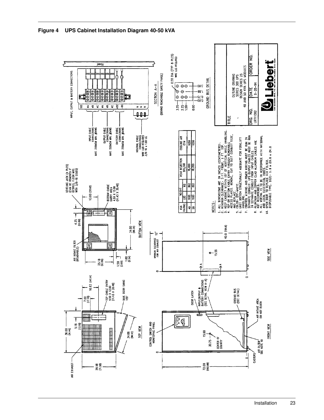 Liebert SERIES 300 UPS manual UPS Cabinet Installation Diagram 40-50 kVA 