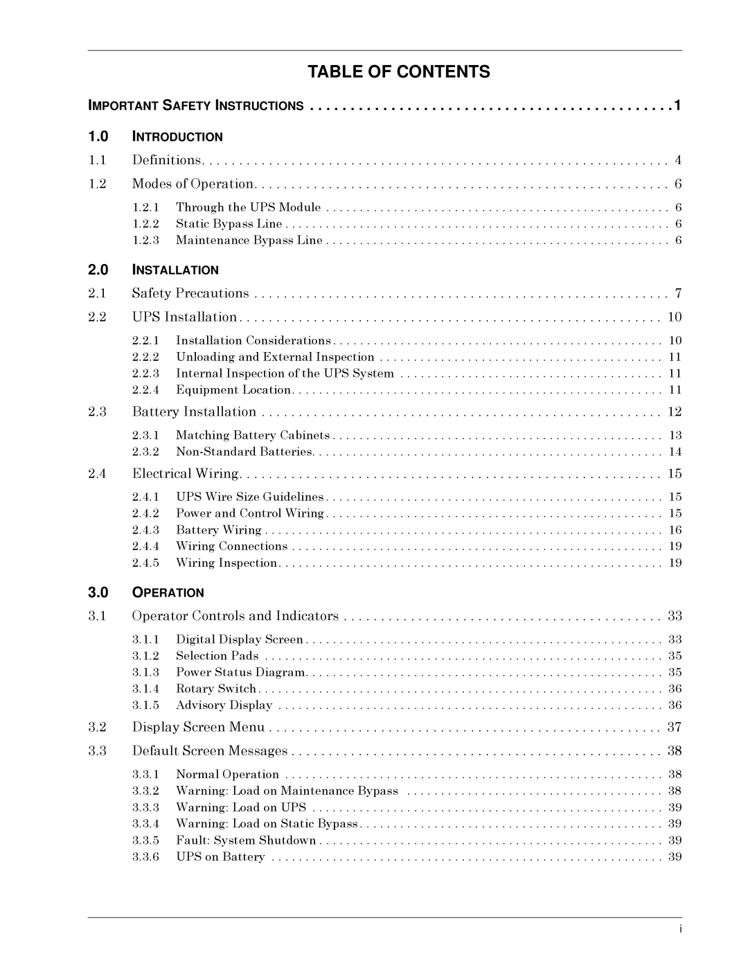 Liebert SERIES 300 UPS manual Table of Contents 