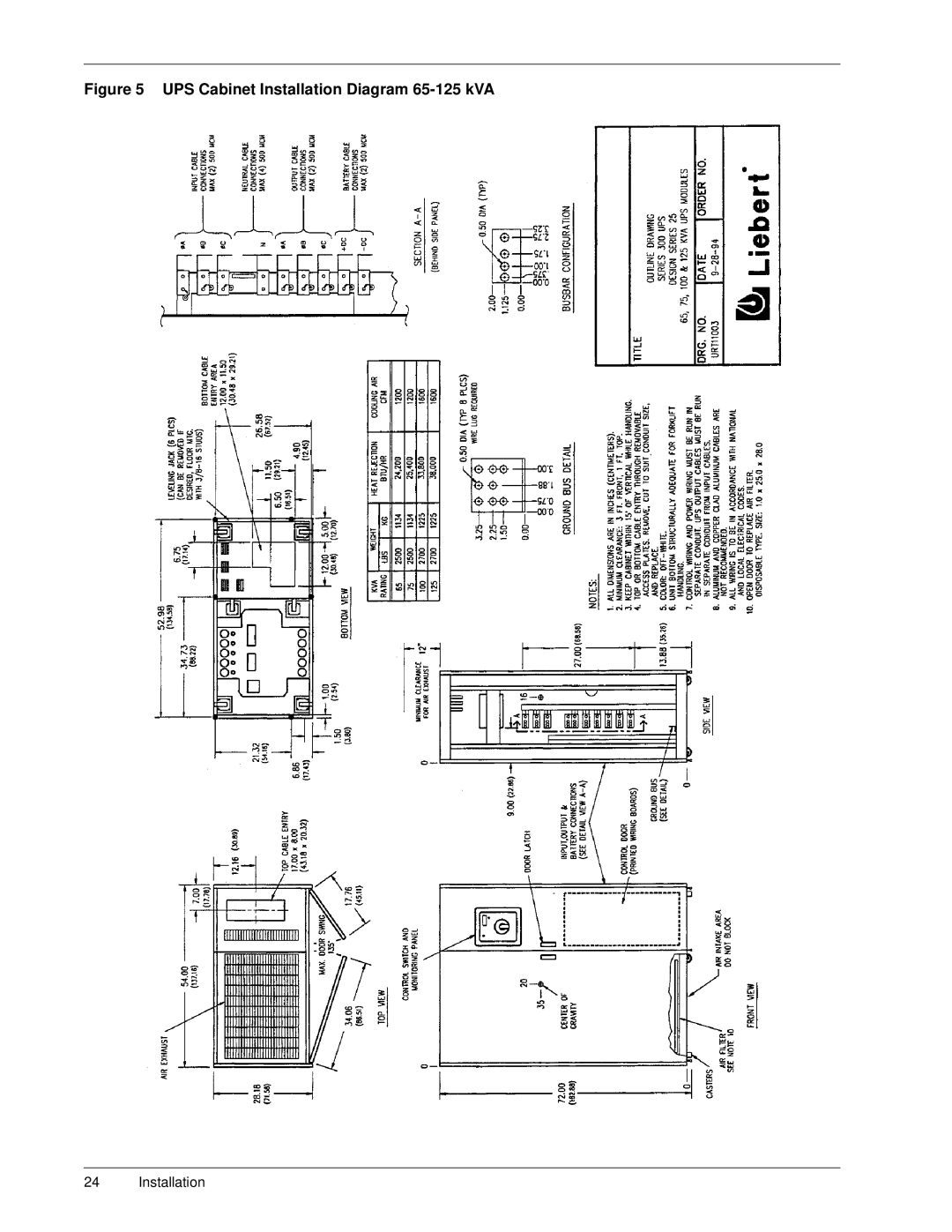 Liebert SERIES 300 UPS manual UPS Cabinet Installation Diagram 65-125 kVA 