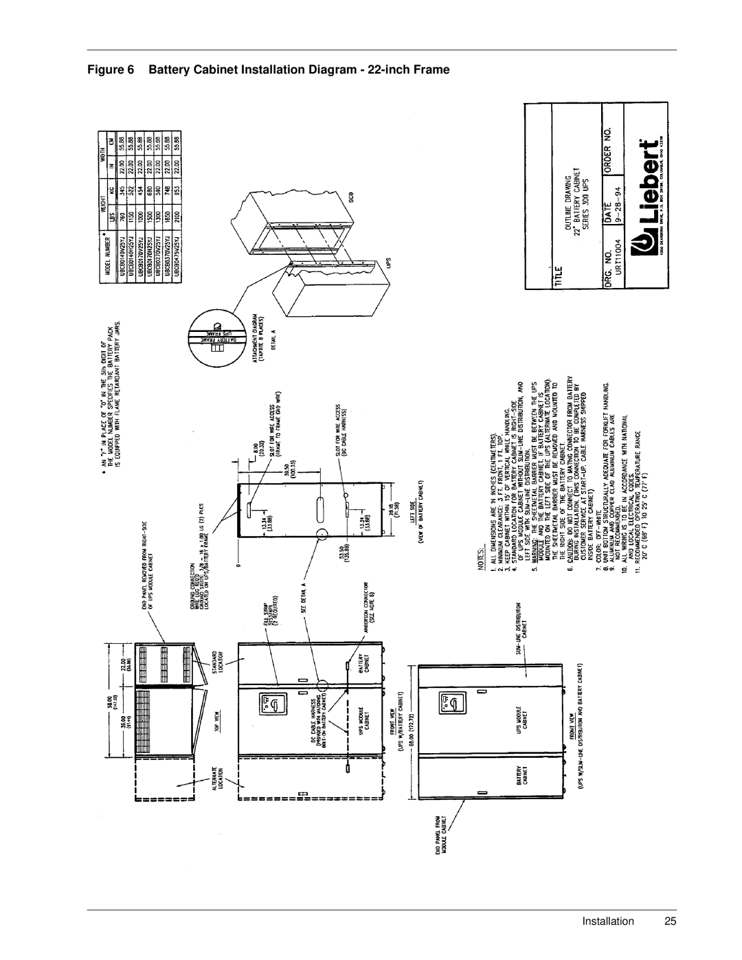 Liebert SERIES 300 UPS manual Battery Cabinet Installation Diagram 22-inch Frame 