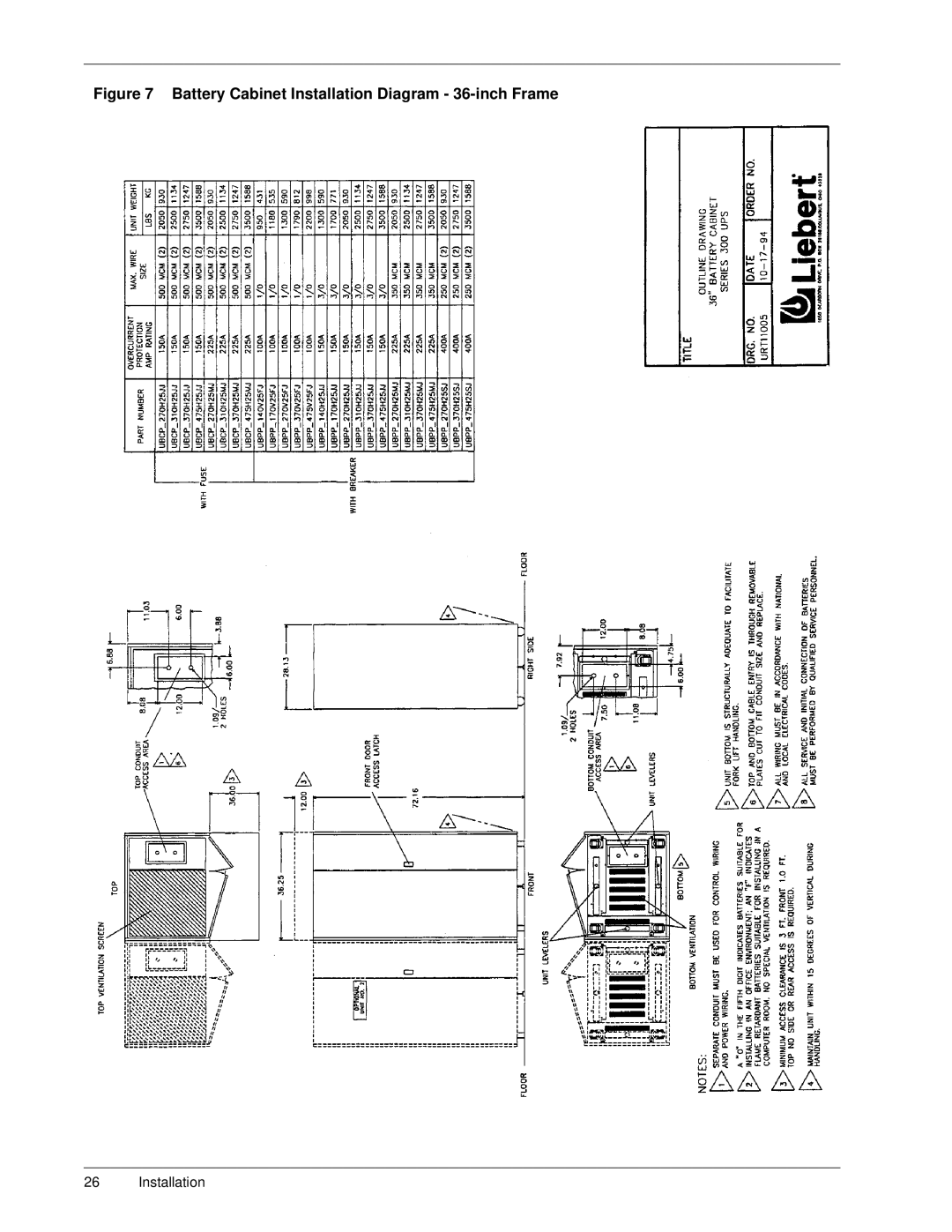 Liebert SERIES 300 UPS manual Battery Cabinet Installation Diagram 36-inch Frame 