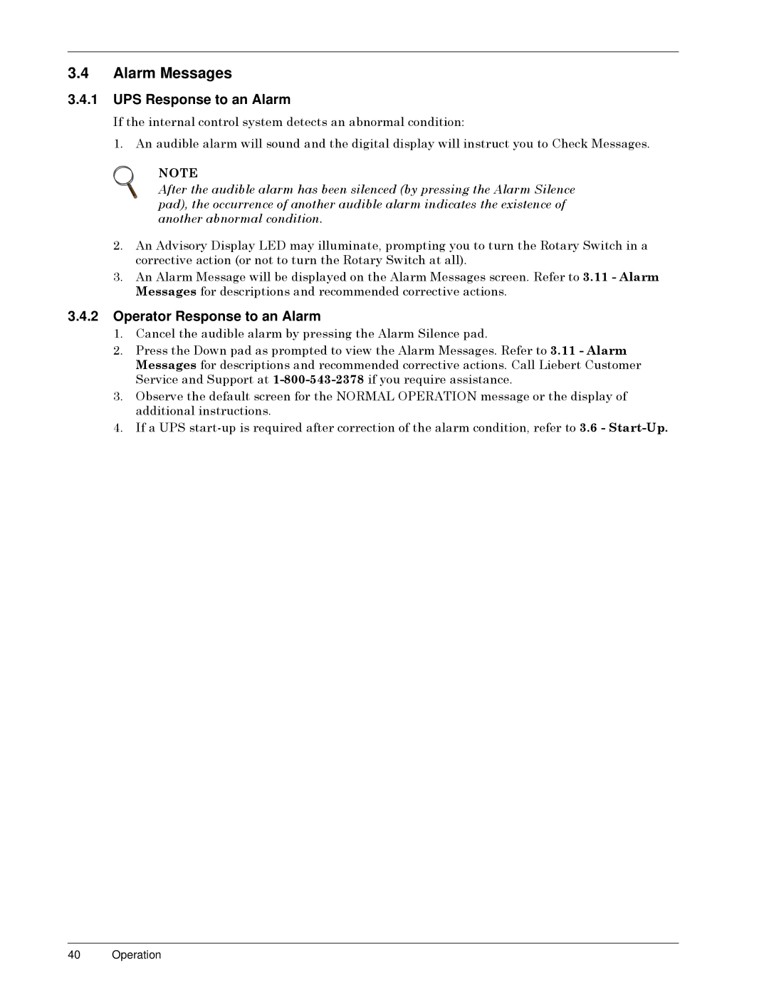 Liebert SERIES 300 UPS manual Alarm Messages, UPS Response to an Alarm, Operator Response to an Alarm 