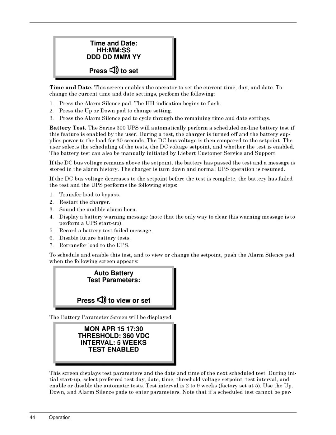 Liebert SERIES 300 UPS manual Auto Battery, Press To view or set, MON APR 15, Time and Date, Test Parameters 