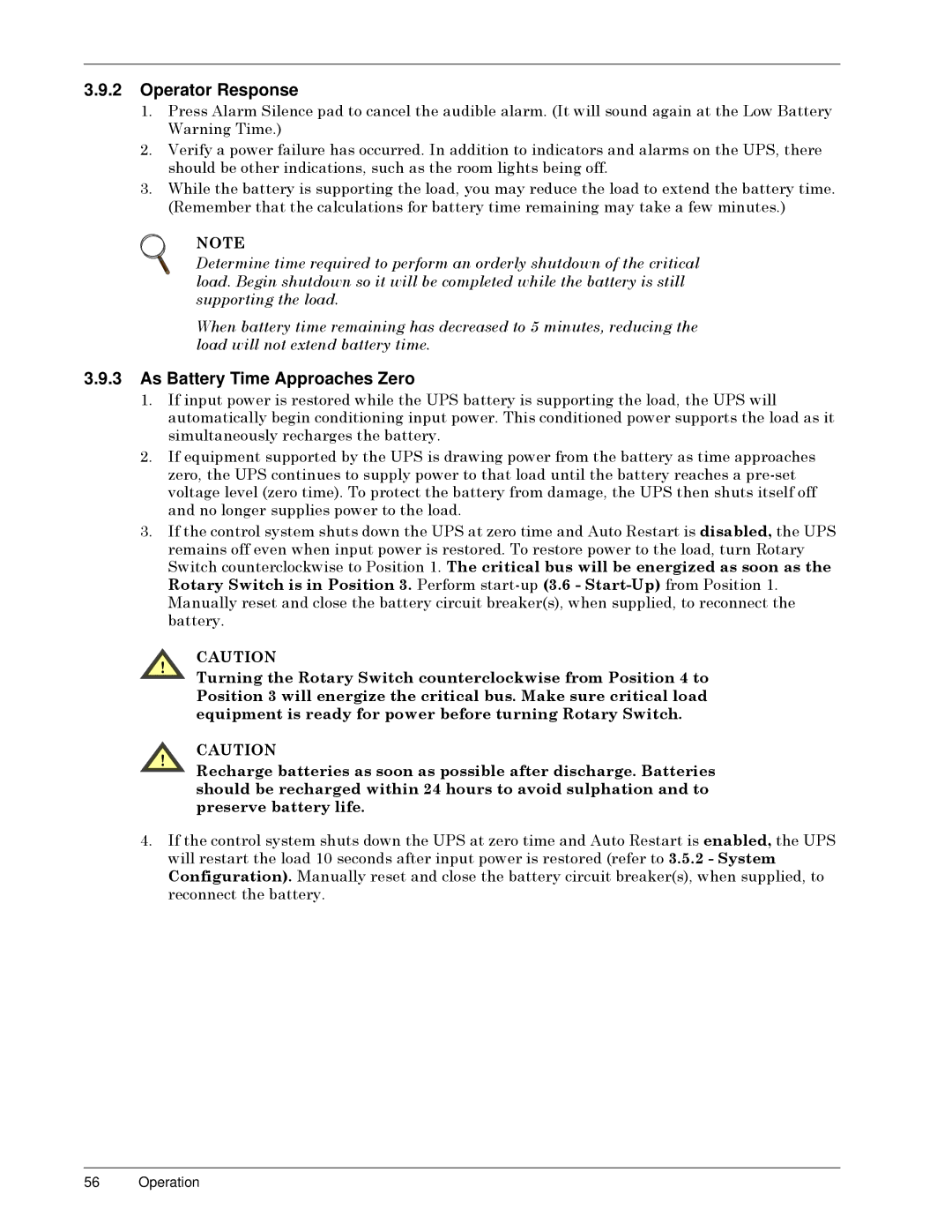 Liebert SERIES 300 UPS manual Operator Response, As Battery Time Approaches Zero 