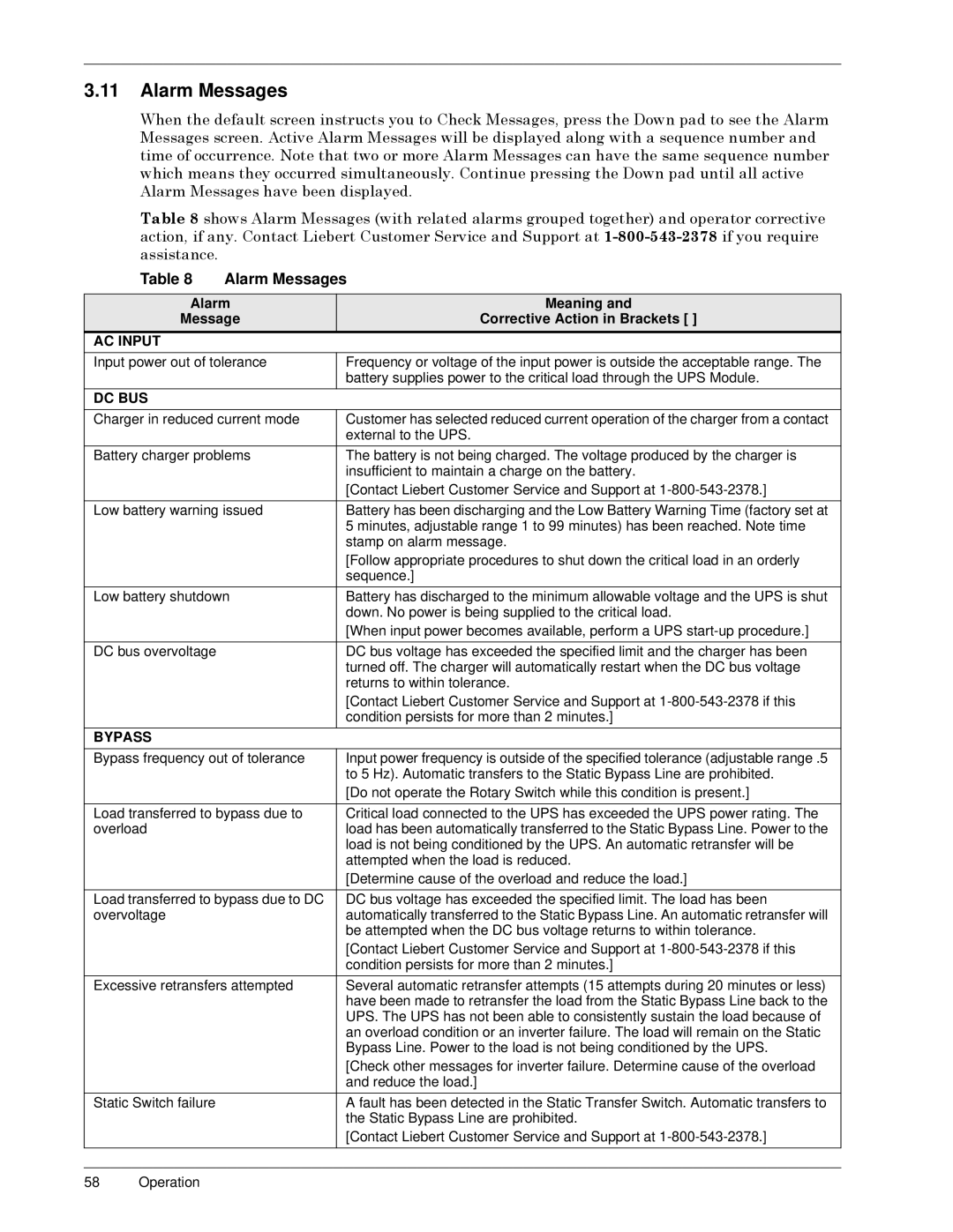 Liebert SERIES 300 UPS manual Alarm Messages 