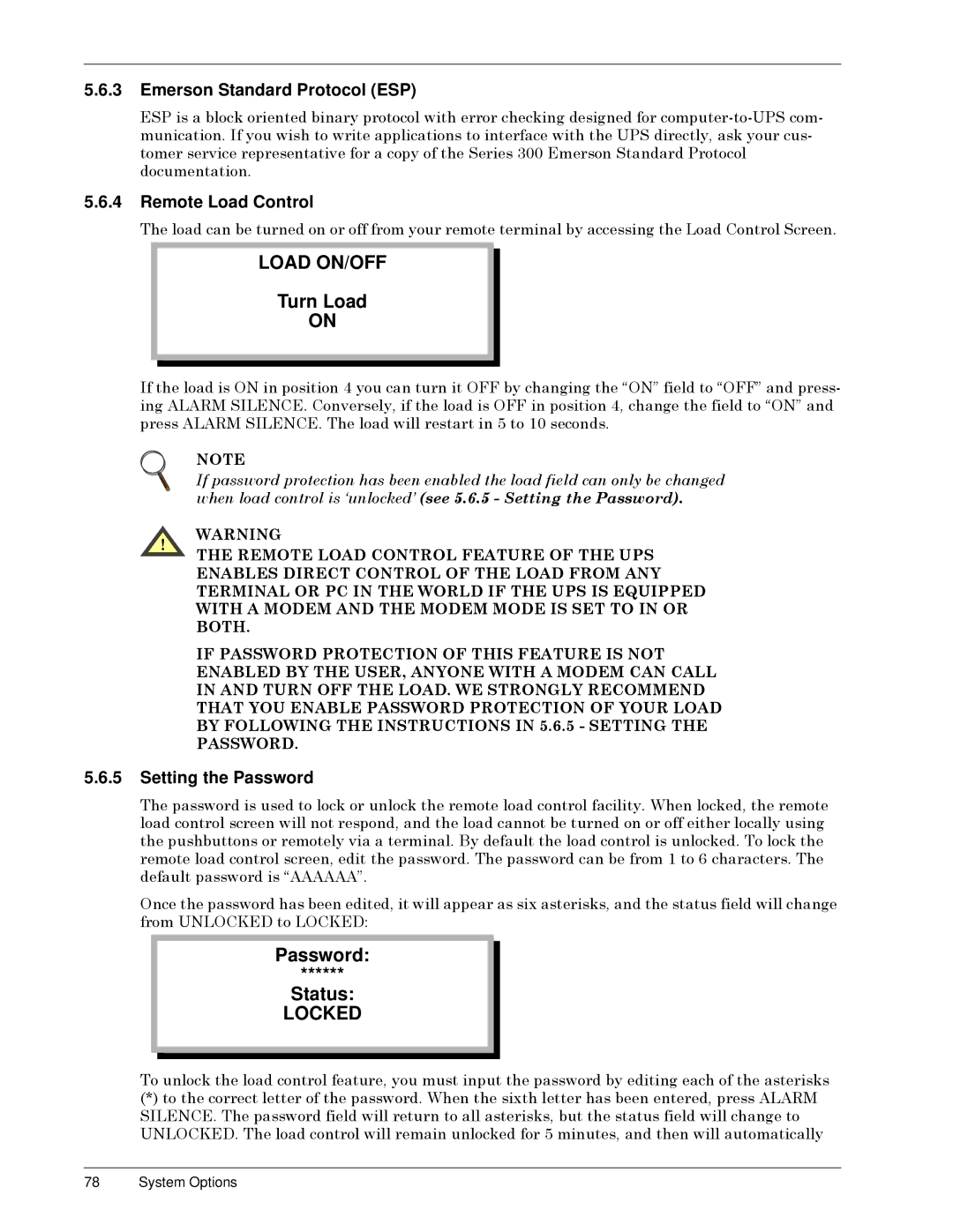 Liebert SERIES 300 UPS manual Emerson Standard Protocol ESP, Remote Load Control, Turn Load, Setting the Password, Status 