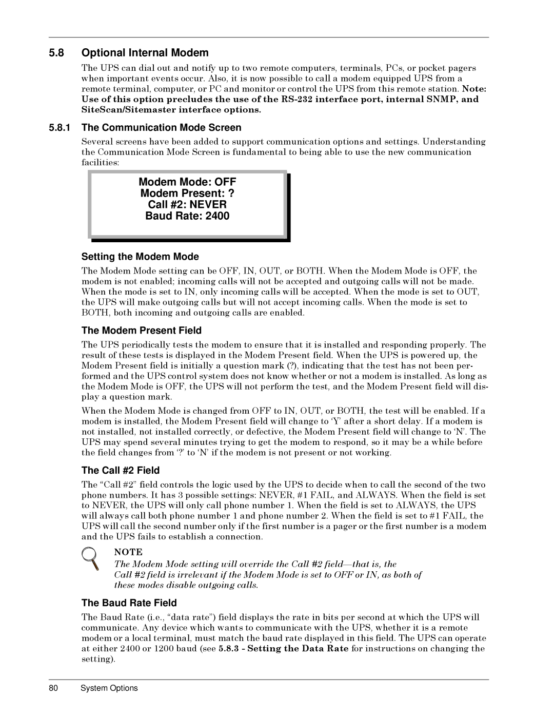 Liebert SERIES 300 UPS manual Optional Internal Modem, Modem Mode OFF 