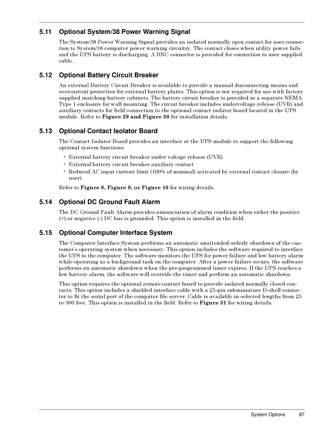 Liebert SERIES 300 UPS manual Optional System/38 Power Warning Signal, Optional Battery Circuit Breaker 