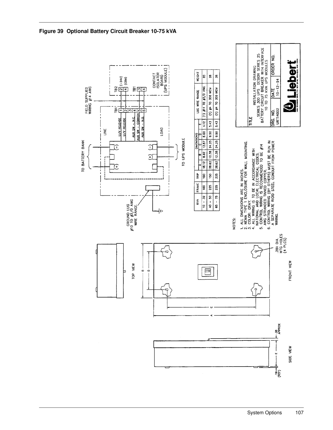 Liebert Series 300 manual Optional Battery Circuit Breaker 10-75 kVA 