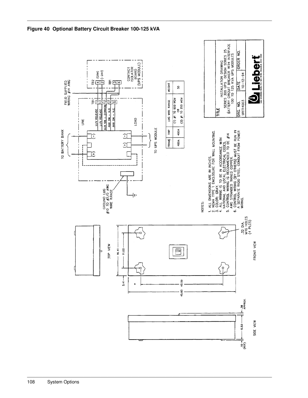 Liebert Series 300 manual Optional Battery Circuit Breaker 100-125 kVA 