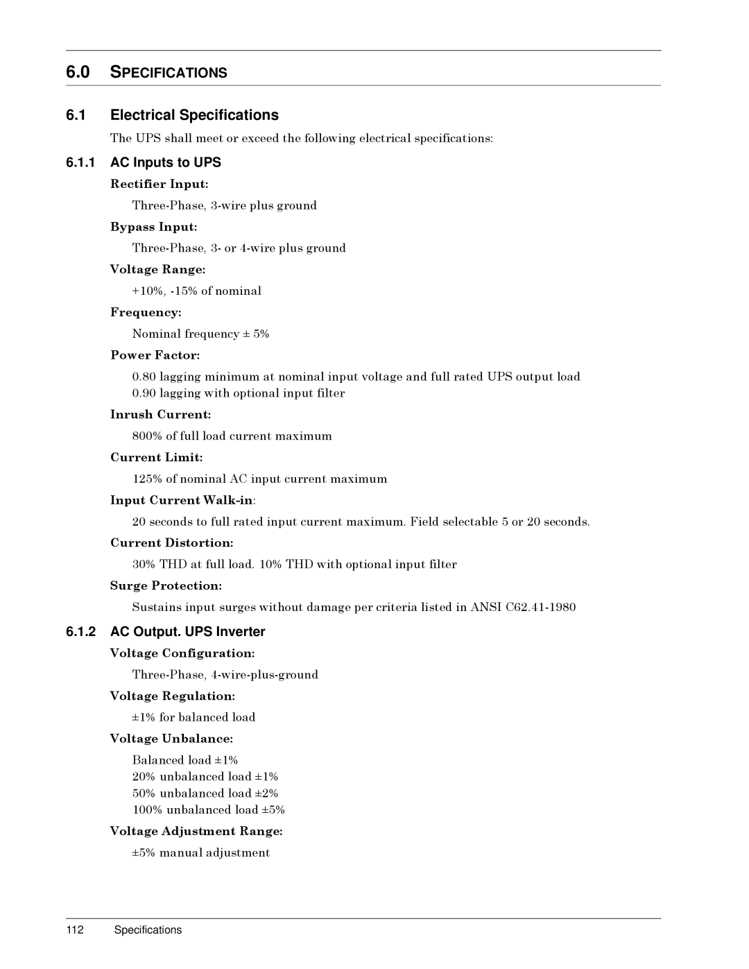 Liebert Series 300 manual Electrical Specifications, AC Inputs to UPS, AC Output. UPS Inverter 