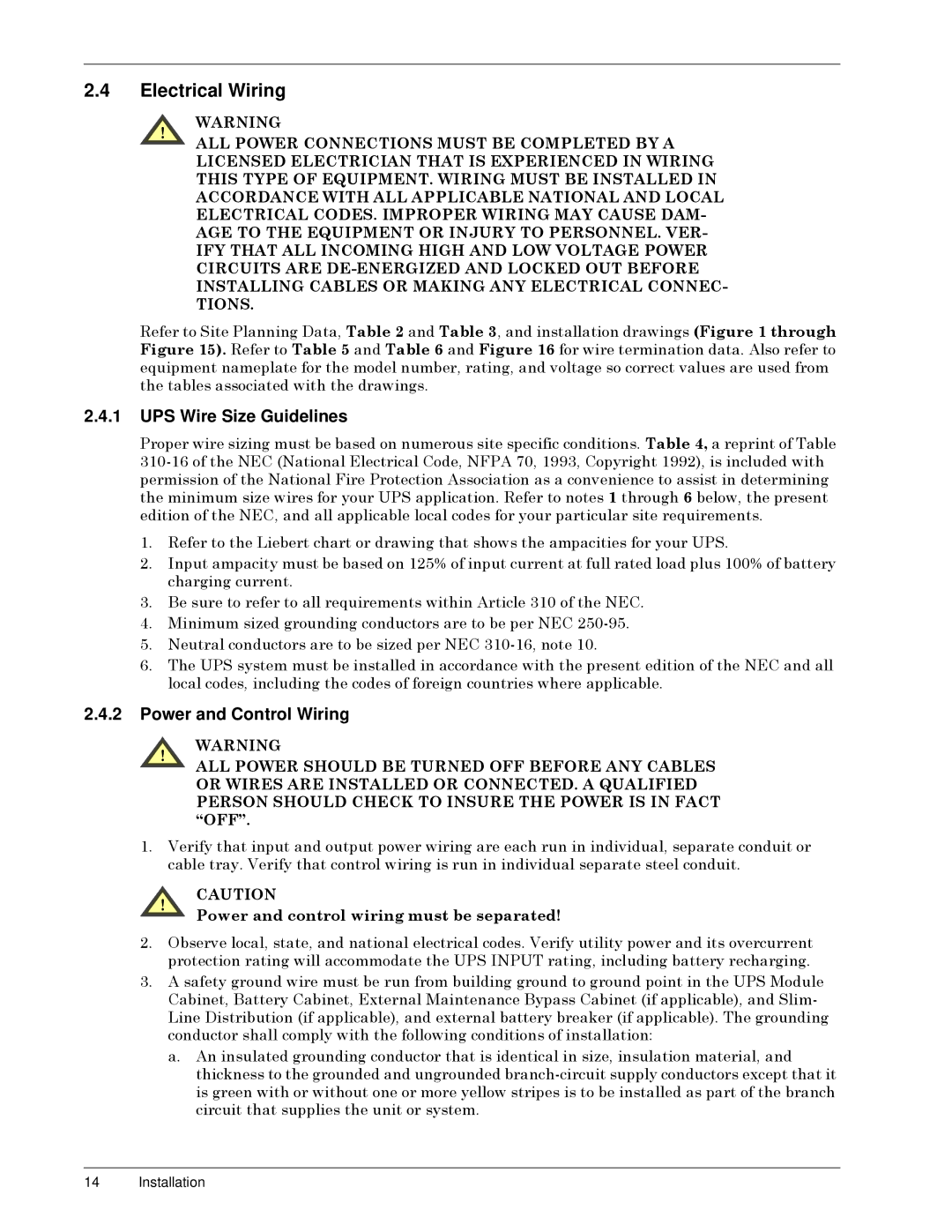 Liebert Series 300 manual Electrical Wiring, UPS Wire Size Guidelines, Power and Control Wiring 