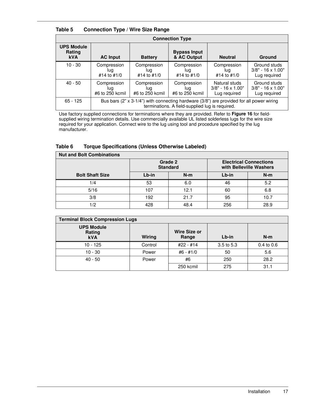 Liebert Series 300 manual Connection Type / Wire Size Range 