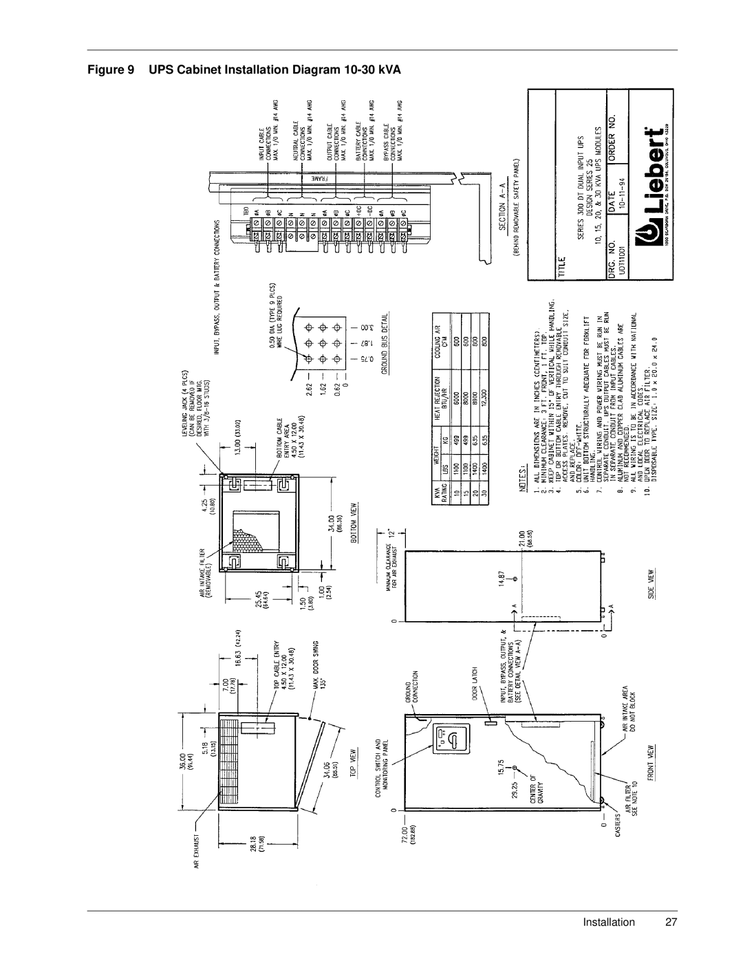 Liebert Series 300 manual UPS Cabinet Installation Diagram 10-30 kVA 