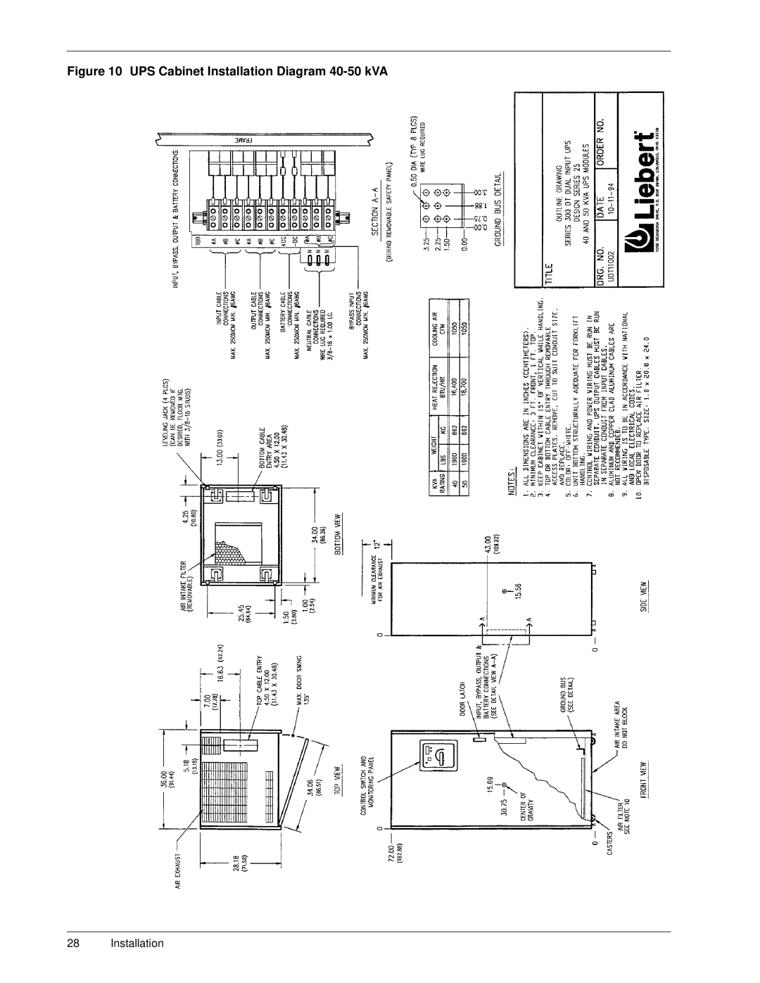 Liebert Series 300 manual UPS Cabinet Installation Diagram 40-50 kVA 