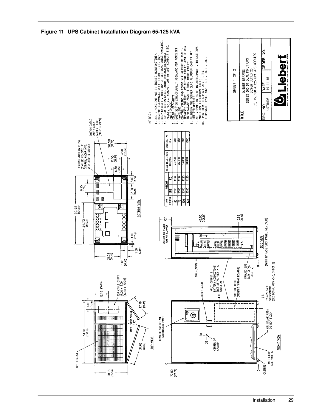 Liebert Series 300 manual UPS Cabinet Installation Diagram 65-125 kVA 