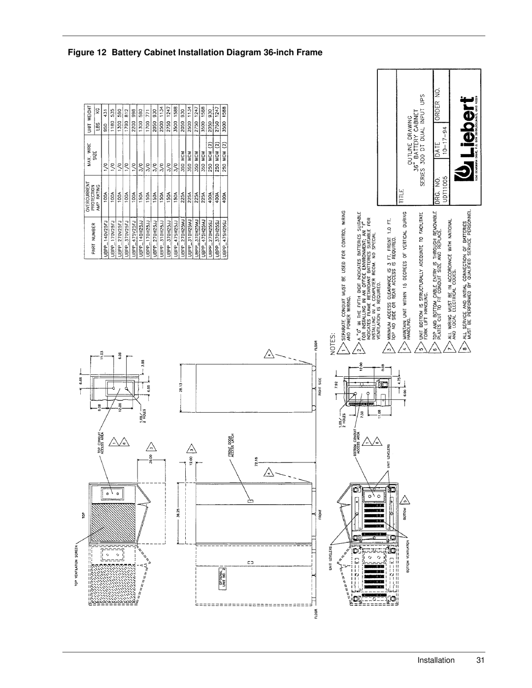 Liebert Series 300 manual Battery Cabinet Installation Diagram 36-inch Frame 