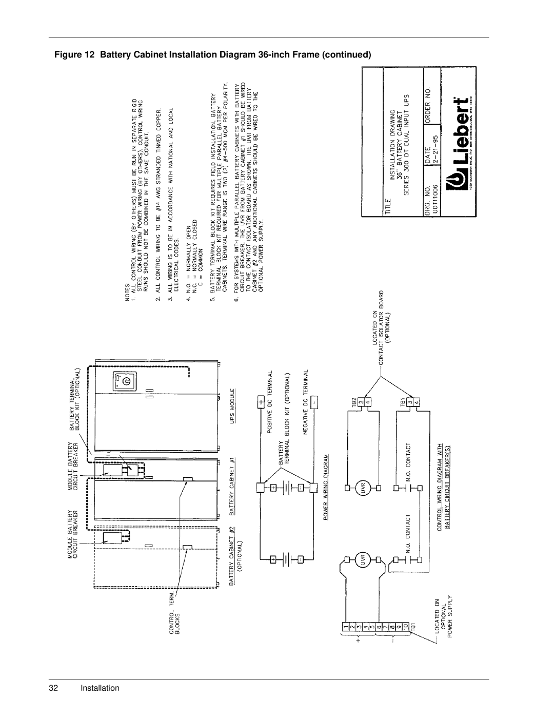 Liebert Series 300 manual Battery Cabinet Installation Diagram 36-inch Frame 