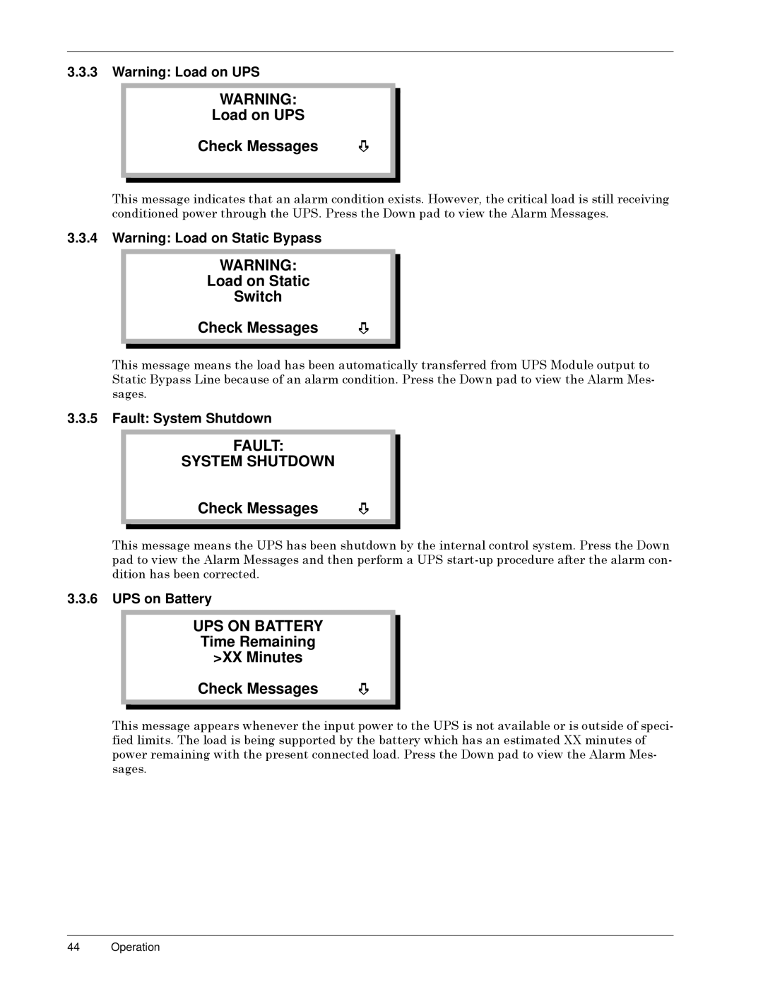 Liebert Series 300 Load on Static Switch, Time Remaining XX Minutes, Load on UPS Check Messages, Fault System Shutdown 