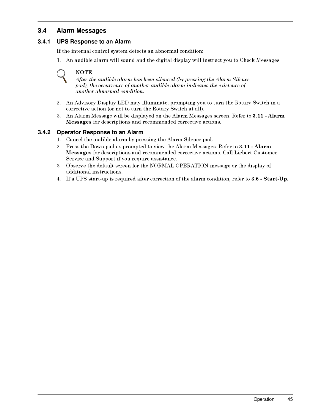 Liebert Series 300 manual Alarm Messages, UPS Response to an Alarm, Operator Response to an Alarm 