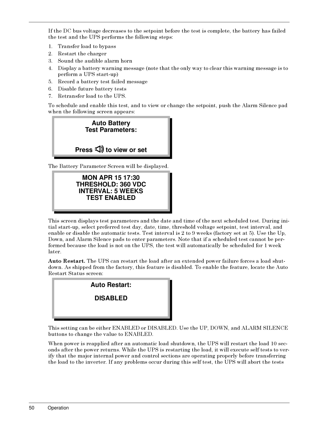 Liebert Series 300 manual Auto Battery, Press To view or set, MON APR 15, Auto Restart, Test Parameters 