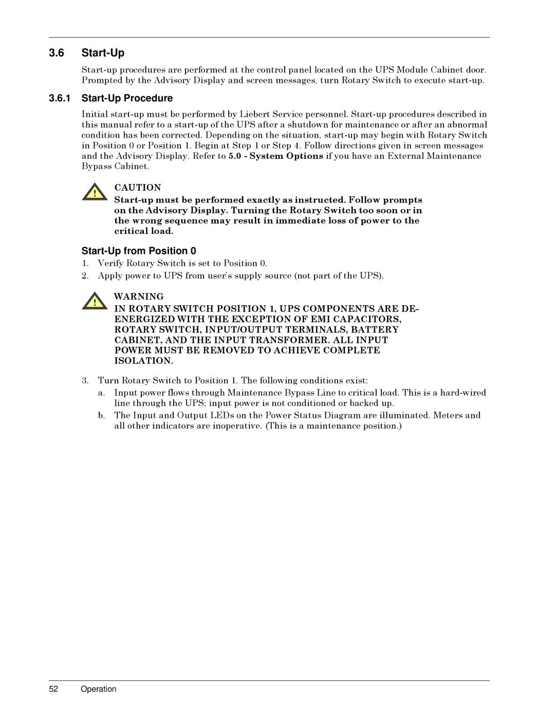 Liebert Series 300 manual Start-Up Procedure, Start-Up from Position 