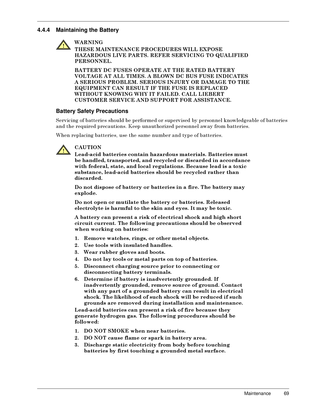 Liebert Series 300 manual Maintaining the Battery, Battery Safety Precautions 