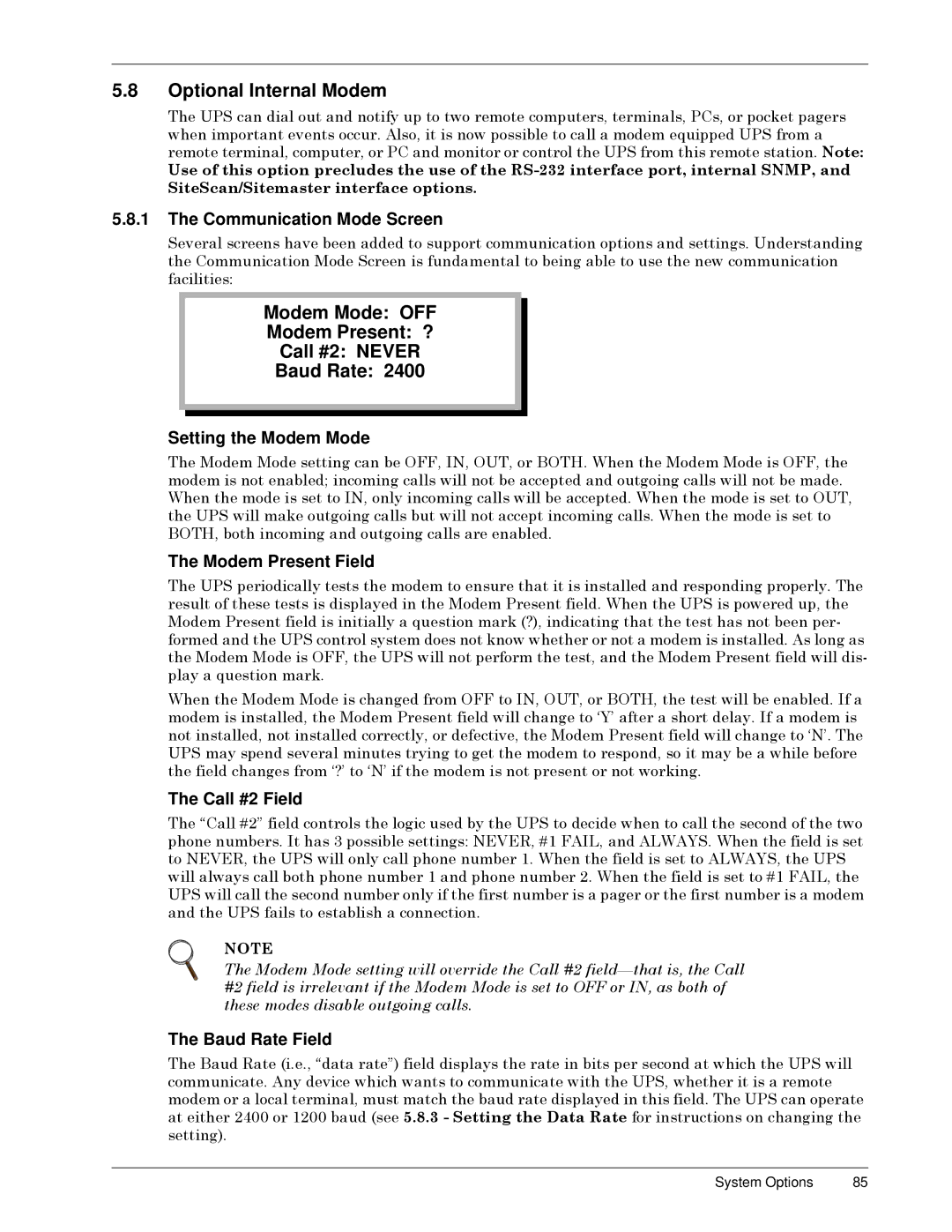 Liebert Series 300 manual Optional Internal Modem, Modem Mode OFF, Modem Present ?, Call #2 Never, Baud Rate 